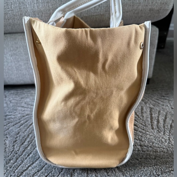 TORY BURCH Ella Tote Bag in White Patent Leather and Beige Raffia/Canvas Fabric - Picture 7 of 13